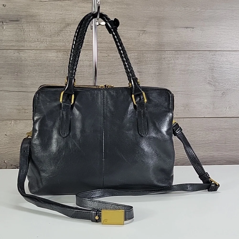 Elliott Lucca Black Leather Satchel with Braided Handles